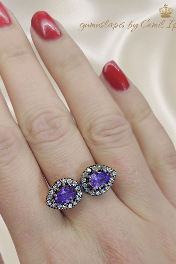 İkili Ametist Taşlı Mini Gümüş Yüzük 