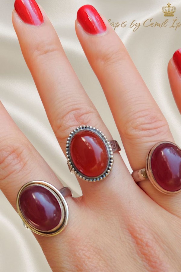 3 Numara Akik Taşlı Gümüş Yüzük 