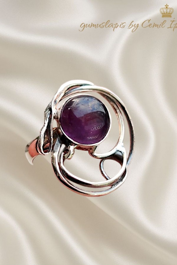 Ametist Taşlı Çiçek Motifli Gümüş Yüzük 