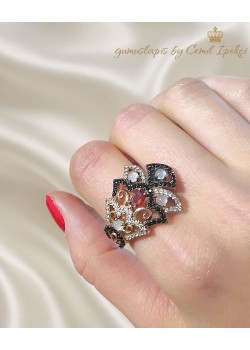 Onix Kedigözü ve Lal Taşlı Gümüş Yüzük 