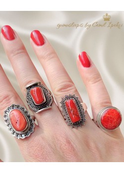 4 Numara Mercan Taşlı Gümüş Yüzük 