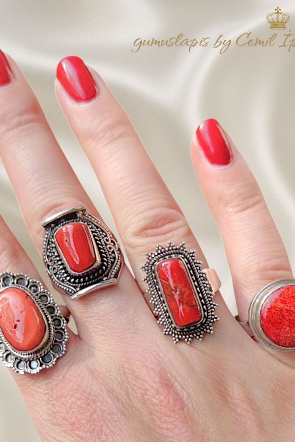 4 Numara Mercan Taşlı Gümüş Yüzük 