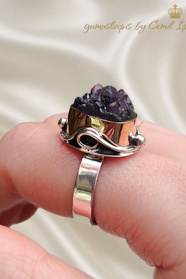 İşlenmemiş Ametist Taşlı Küçük Boy Gümüş Yüzük 