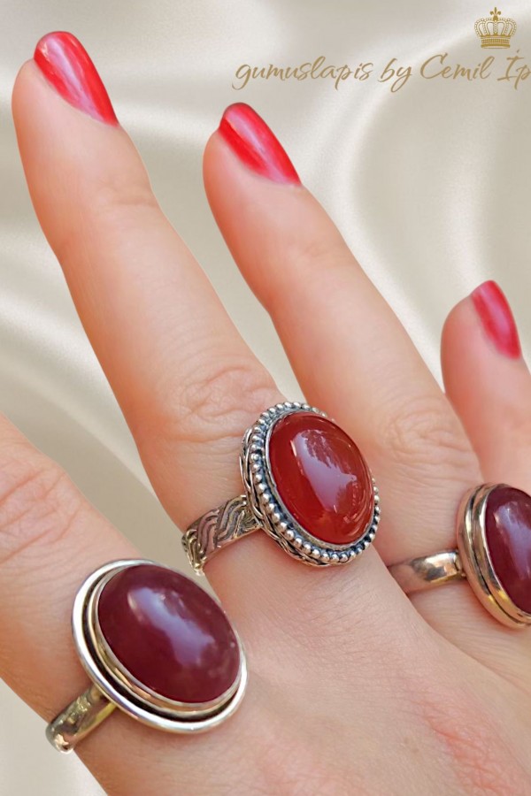 3 Numara Akik Taşlı Gümüş Yüzük 