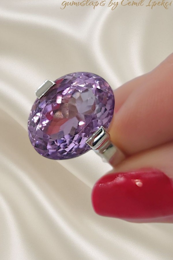 Ametist Taşlı Yüksek Model Gümüş Yüzük