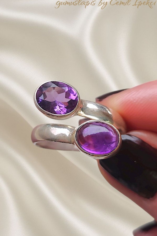 Ametist Taşlı İkili Gümüş Yüzük