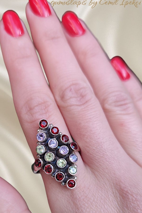 Lal Ametist ve Peridot Taşlı Gümüş Yüzük 