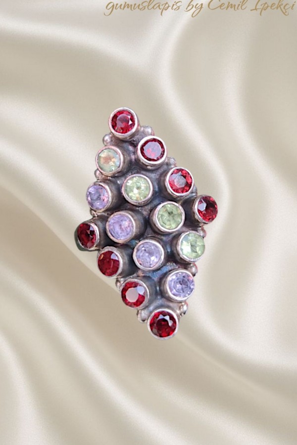 Lal Ametist ve Peridot Taşlı Gümüş Yüzük 