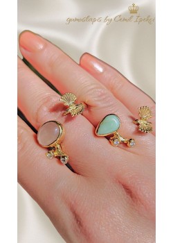 Pembe Kuvars ve Kalsedon Taşlı Kuş Motif Gümüş Yüzük Serisi 