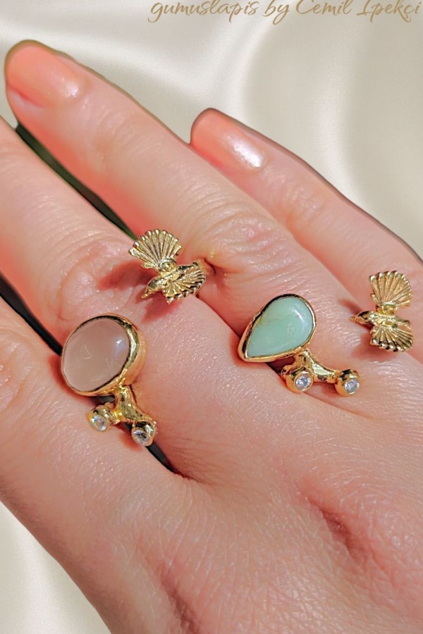 Pembe Kuvars ve Kalsedon Taşlı Kuş Motif Gümüş Yüzük Serisi 