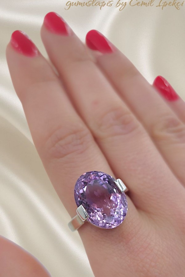 Ametist Taşlı Yüksek Model Gümüş Yüzük