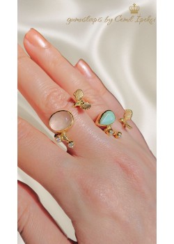 Pembe Kuvars ve Kalsedon Taşlı Kuş Motif Gümüş Yüzük Serisi 