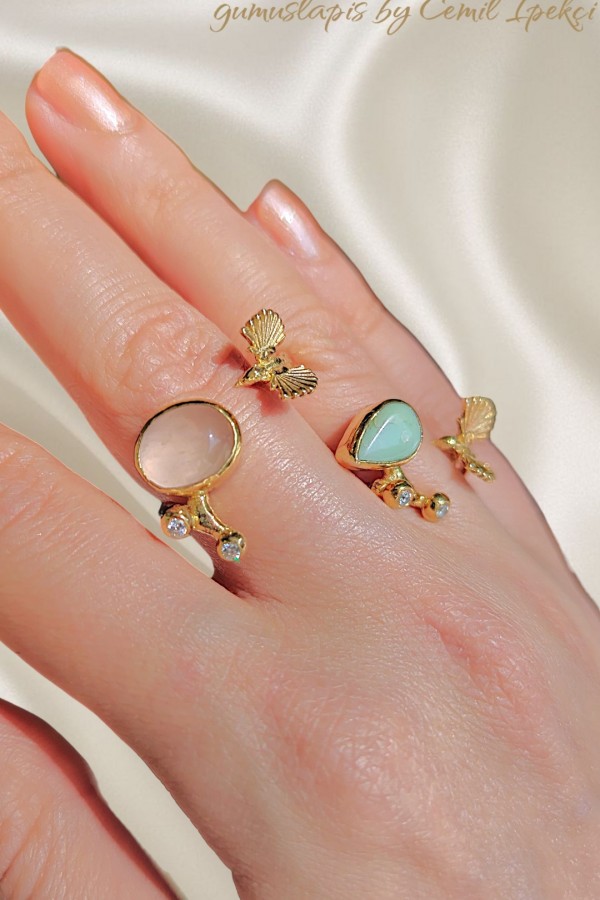 Pembe Kuvars ve Kalsedon Taşlı Kuş Motif Gümüş Yüzük Serisi 