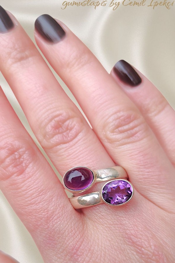 Ametist Taşlı İkili Gümüş Yüzük