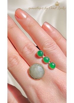 Yeşil Akik ve Zümrüt Taşlı Gümüş Yüzük 