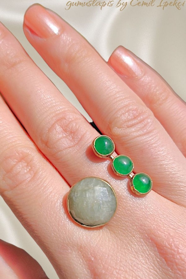 Yeşil Akik ve Zümrüt Taşlı Gümüş Yüzük 