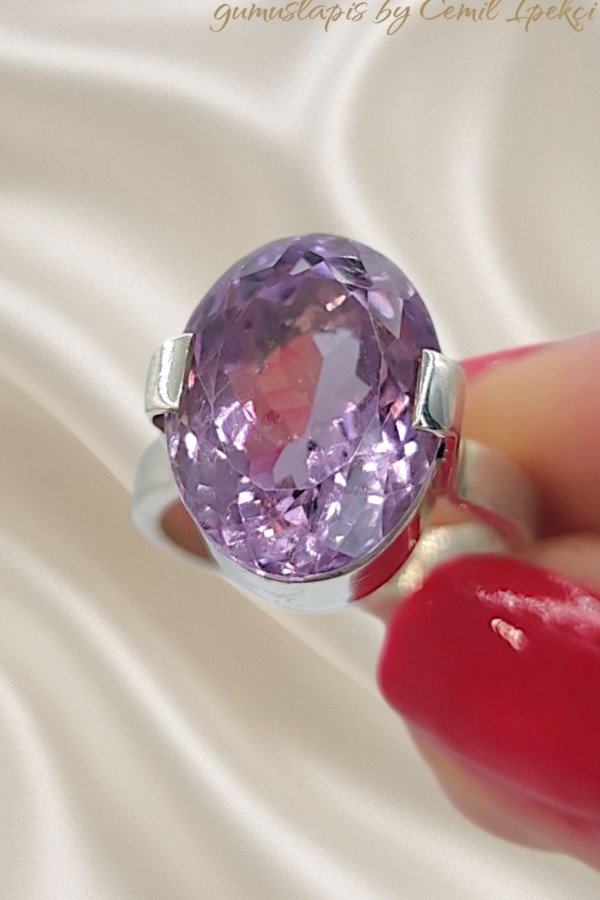 Ametist Taşlı Yüksek Model Gümüş Yüzük