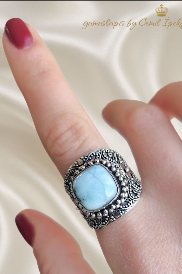 Larimar Taşlı Büyük Boy Gümüş Yüzük