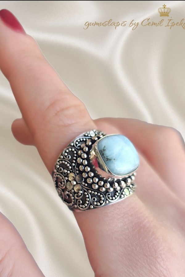 Larimar Taşlı Büyük Boy Gümüş Yüzük