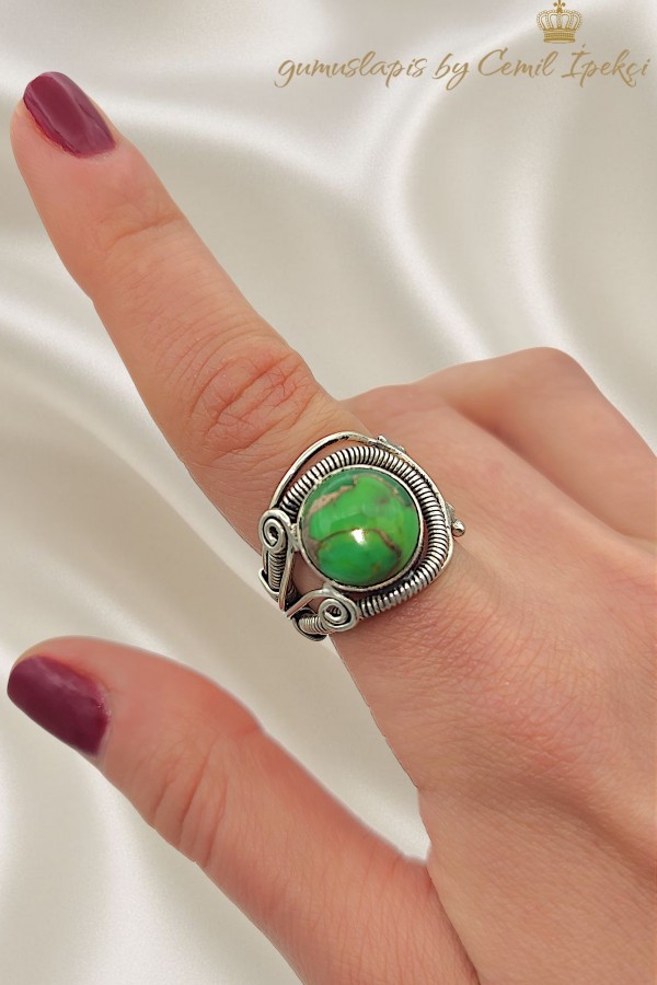 Yeşil Turkuaz Taşlı Gümüş Yüzük