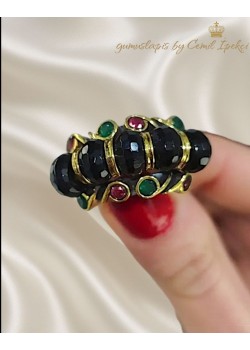 Onix Zümrüt ve Yakut Taşlı Gümüş Yüzük