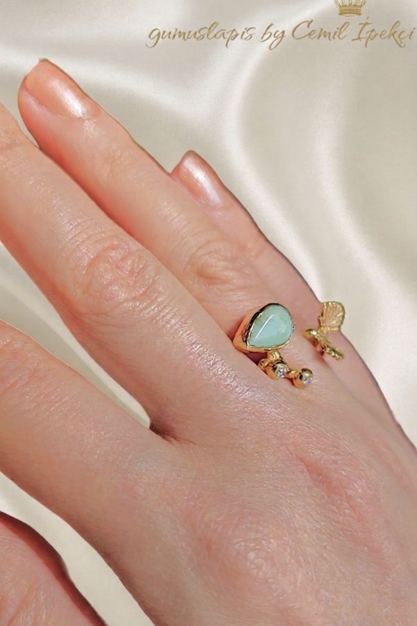 Pembe Kuvars ve Kalsedon Taşlı Kuş Motif Gümüş Yüzük Serisi 