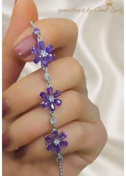 Ametist Taşlı Papatya Motif Gümüş Bileklik