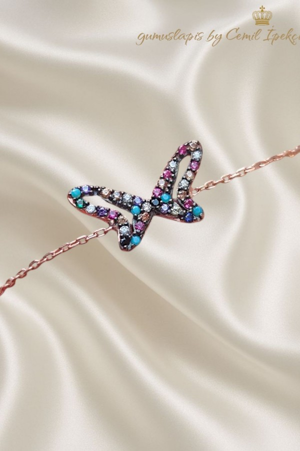 Renkli Taşlarla Süslü Kelebek Motif Asansörlü Gümüş Bileklik 