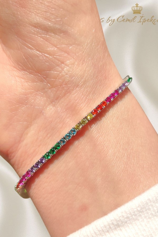 Renkli Taşlarla Süslü Gümüş Suyolu Bileklik 