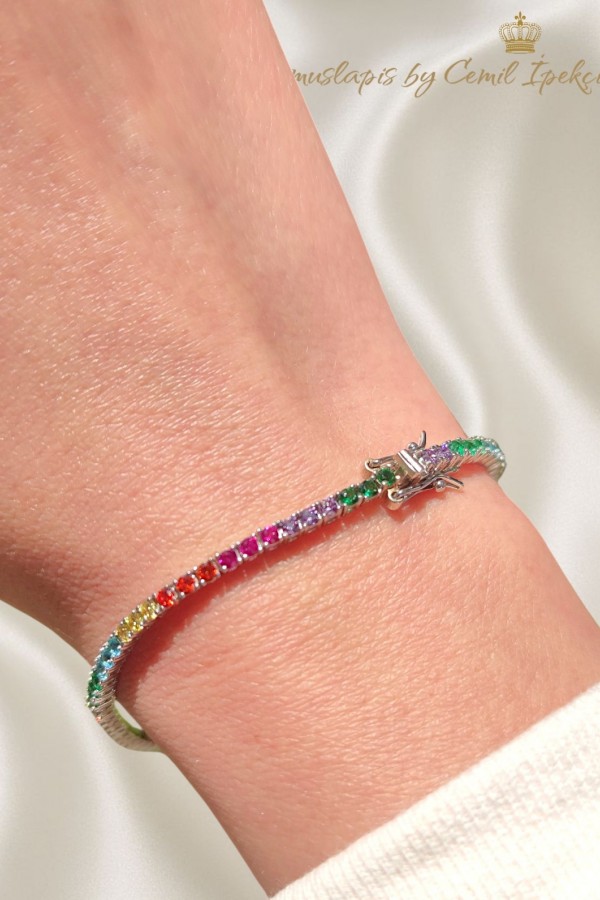 Renkli Taşlarla Süslü Gümüş Suyolu Bileklik 