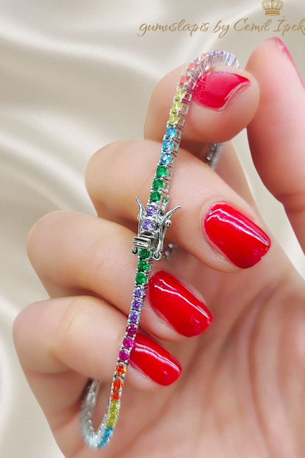 Renkli Taşlarla Süslü Gümüş Suyolu Bileklik 