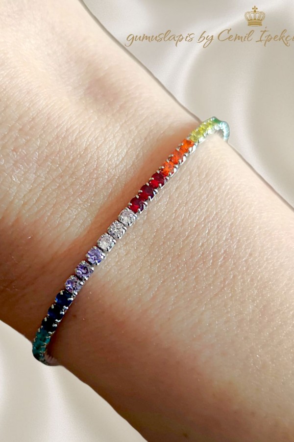 Renkli Taşlarla Süslü Gümüş Suyolu Bileklik 