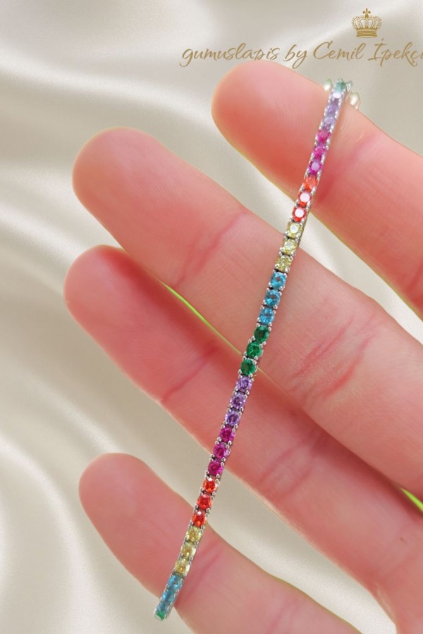 Renkli Taşlarla Süslü Gümüş Suyolu Bileklik 