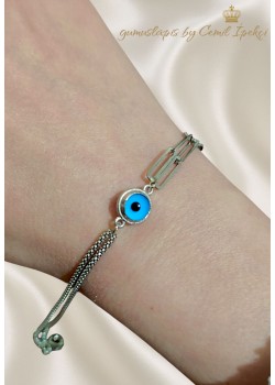 Bir Tarafı Düz Diğer Tarafı Zincir Motif Camgöz Gümüş Bileklik 