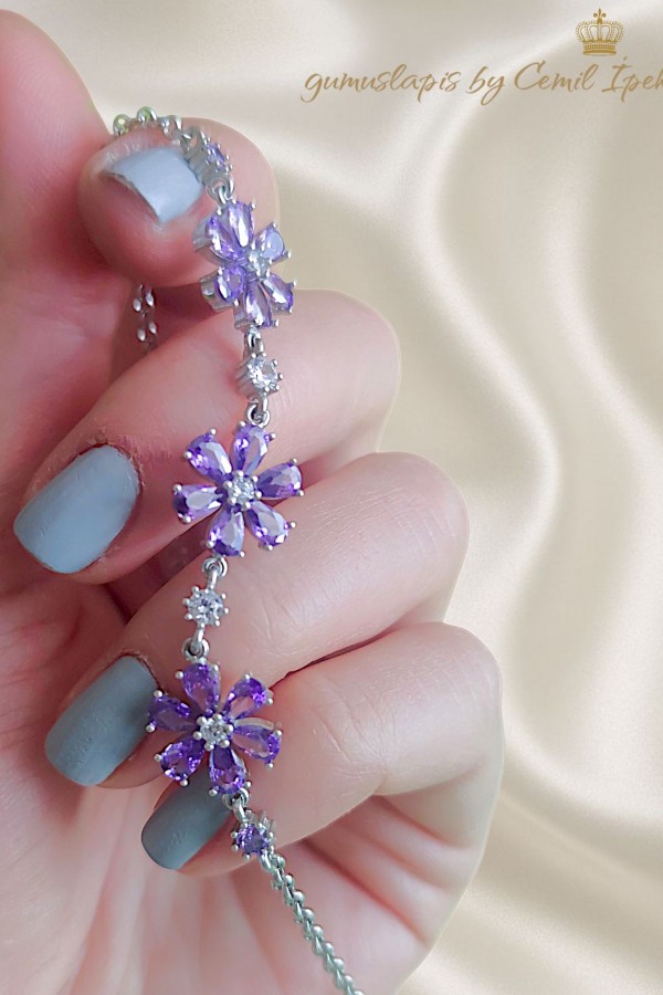 Ametist Taşlı Papatya Motif Gümüş Bileklik