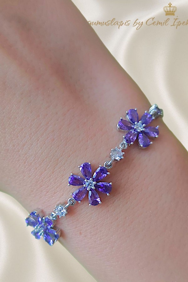 Ametist Taşlı Papatya Motif Gümüş Bileklik