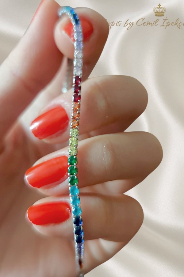 Renkli Taşlarla Süslü Gümüş Suyolu Bileklik 