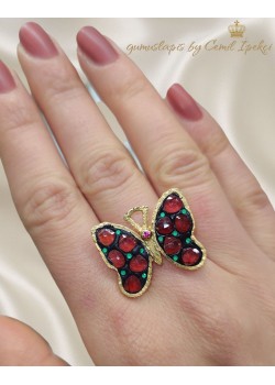Lal ve Zümrüt Taşlı Kelebek Motif Gümüş Yüzük