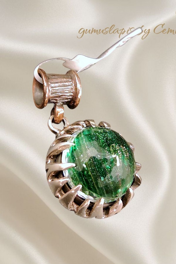 Yeşil Rutil Kuvars Taşlı Büyük Gümüş Tasarım Kolye Ucu