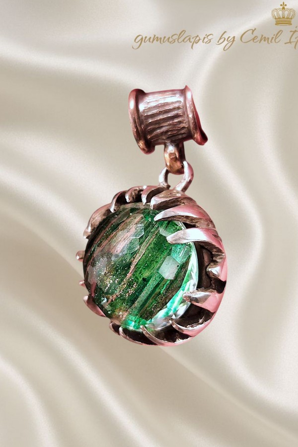 Yeşil Rutil Kuvars Taşlı Büyük Gümüş Tasarım Kolye Ucu