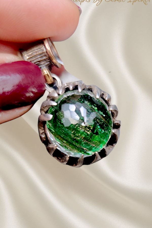 Yeşil Rutil Kuvars Taşlı Büyük Gümüş Tasarım Kolye Ucu