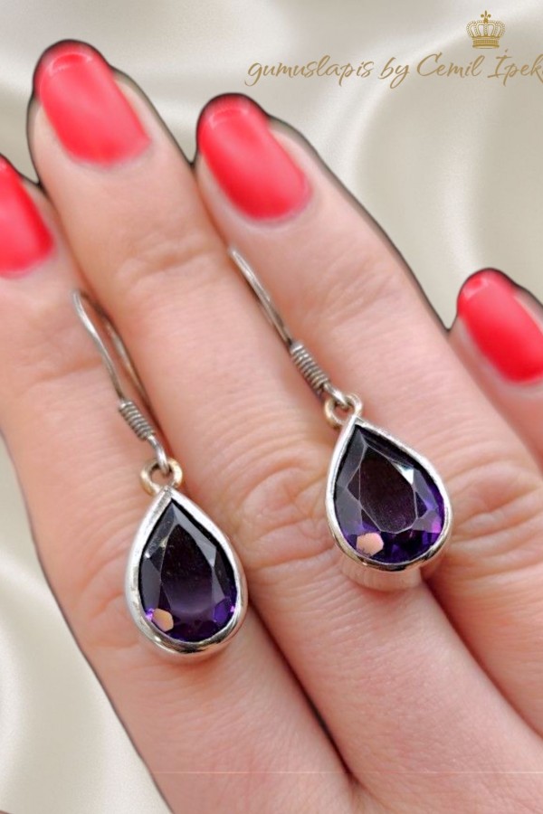Ametist Taşlı Gümüş Tasarım Küpe Çifti