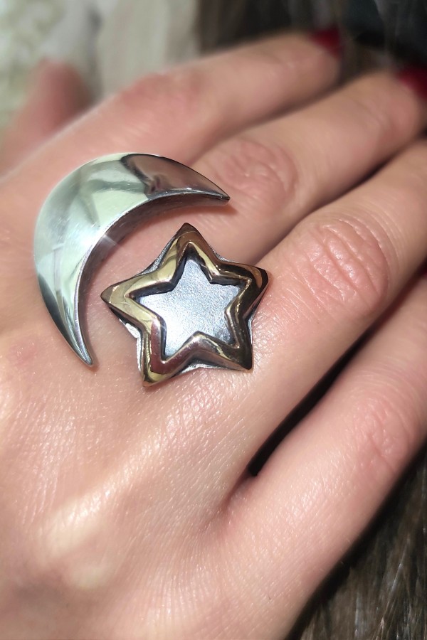 Ay Yıldız Motif Taşsız Gümüş Tasarım Yüzük 