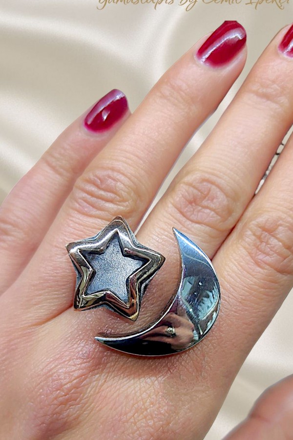 Ay Yıldız Motif Taşsız Gümüş Tasarım Yüzük 