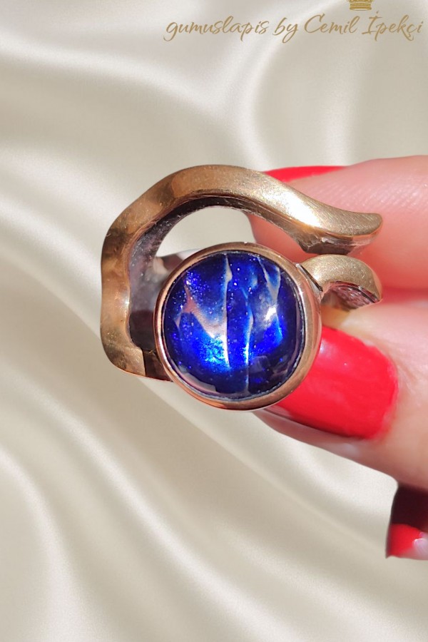 Blue Rutil Taşlı Gümüş Tasarım Yüzük 