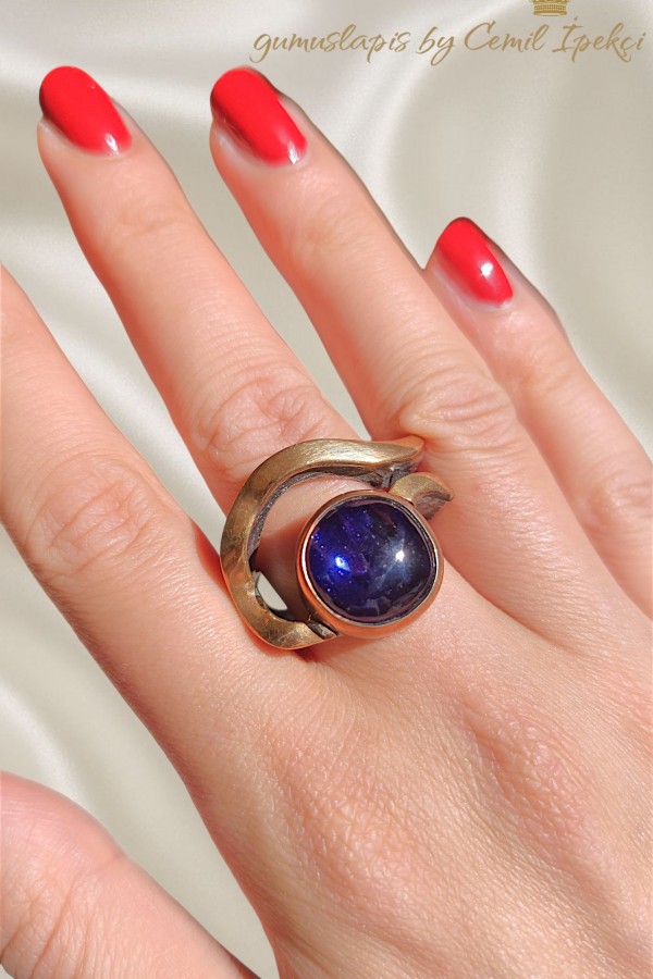 Blue Rutil Taşlı Gümüş Tasarım Yüzük 