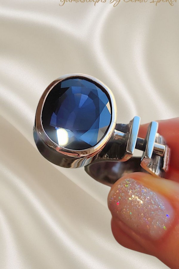 Safir Taşlı Gümüş Tasarım Yüzük 