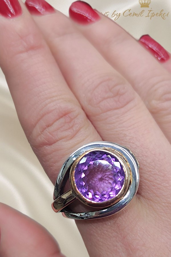 Ametist Taşlı Gümüş Tasarım Yüzük 