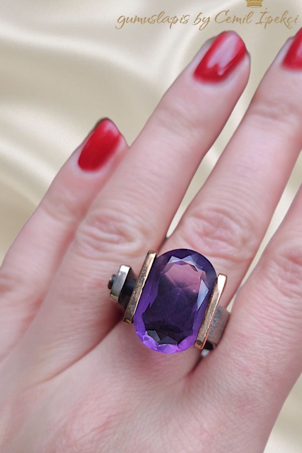 Ametist Taşlı Gümüş Tasarım Yüzük 