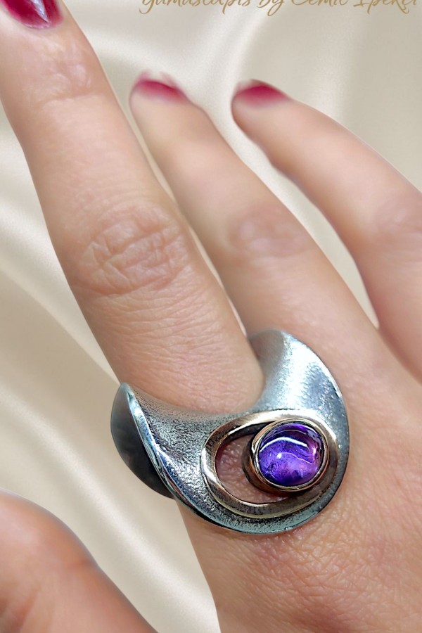 Ametist Taşlı Gümüş Tasarım Yüzük